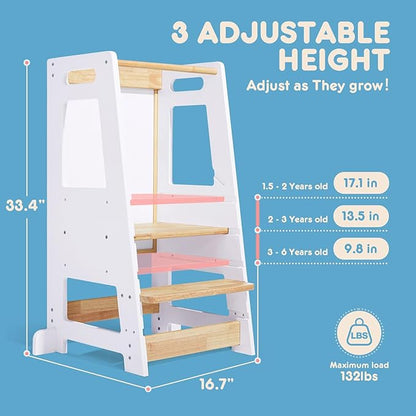 Toddler Kitchen Stools Helper with Adjustable Height and Anti-Slip Protection, Kids Standing Tower with Safety Rail, Kids Montessori Stool with Learning Chalkboard, White