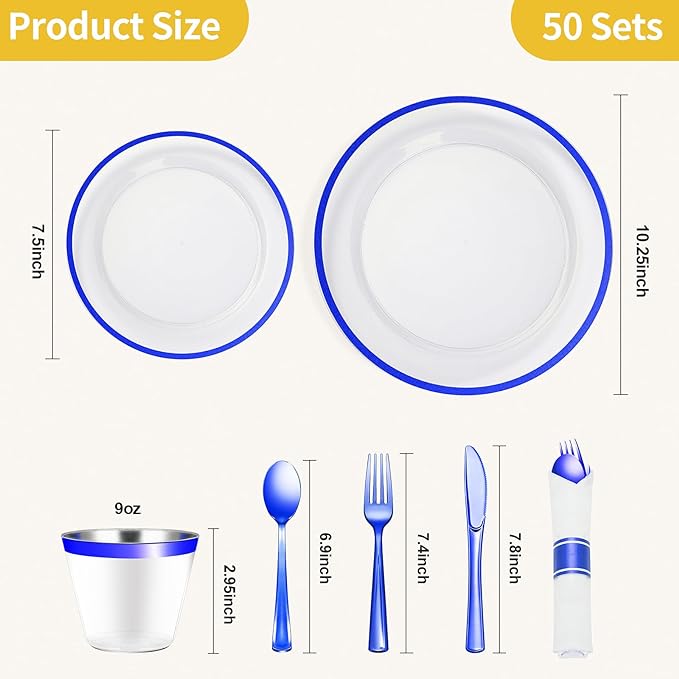 Goodluck 350 Piece Dark Blue Plastic Dinnerware Set for Party, Clear Disposable Plates for 50 Guests, Include: 50 Dinner Plates, 50 Dessert Plates, 50 Pre Rolled Napkins with Cutlery Set, 50 Cups