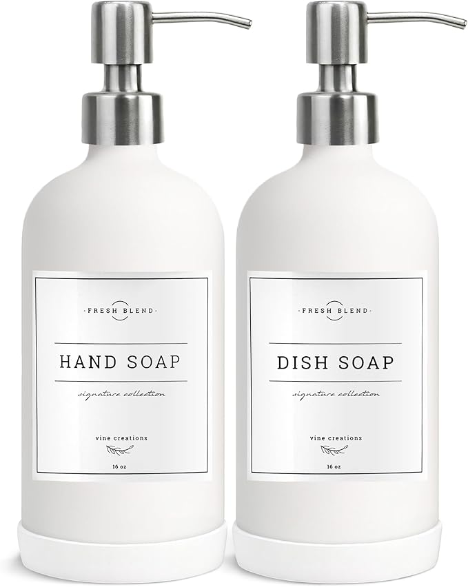Vine Creations White Glass Soap Dispenser, 2 Pack Kitchen Soap Dispenser Set