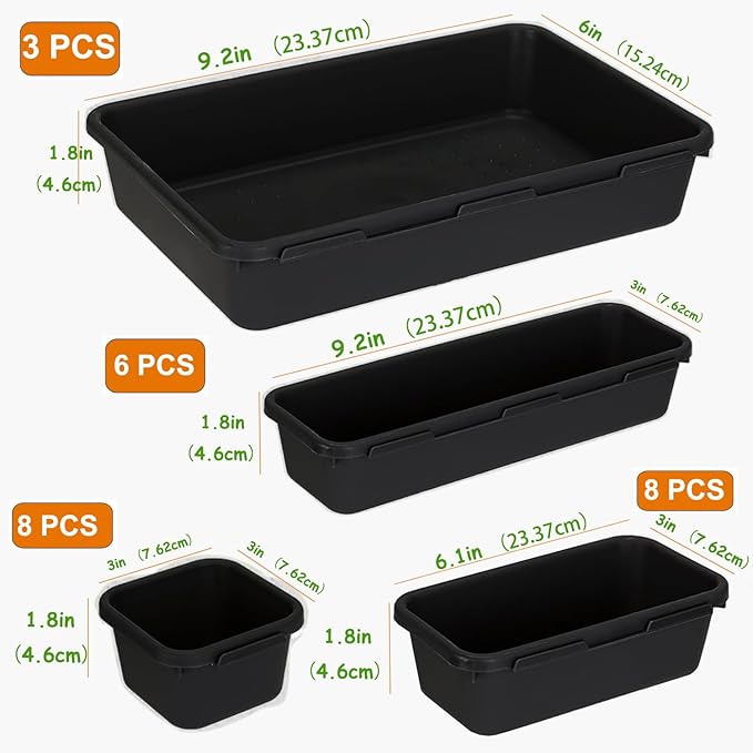 Kutesna 25 PCS Black Drawer Organizer Set, 4 Size Interlocking Plastic Storage