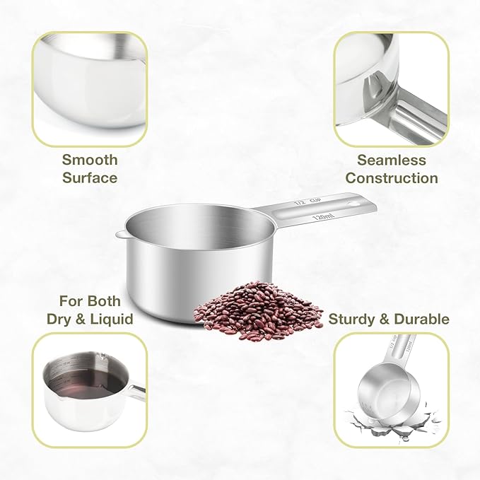2PCS 1/2Cup Single Measuring Cup, Etched Inner Scale Stainless Steel Measure