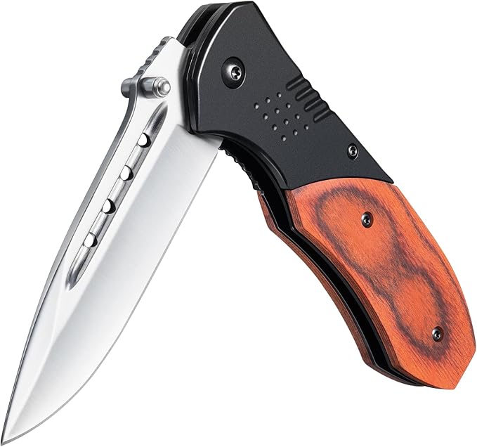 Pocket Knife for Men - 3.46" Sharp Blade Wood Handle Pocket Folding Knives with Clip, Glass Breaker - EDC Knives for Camping Survival Fishing Outdoor Hiking Women Men,Black-Silver