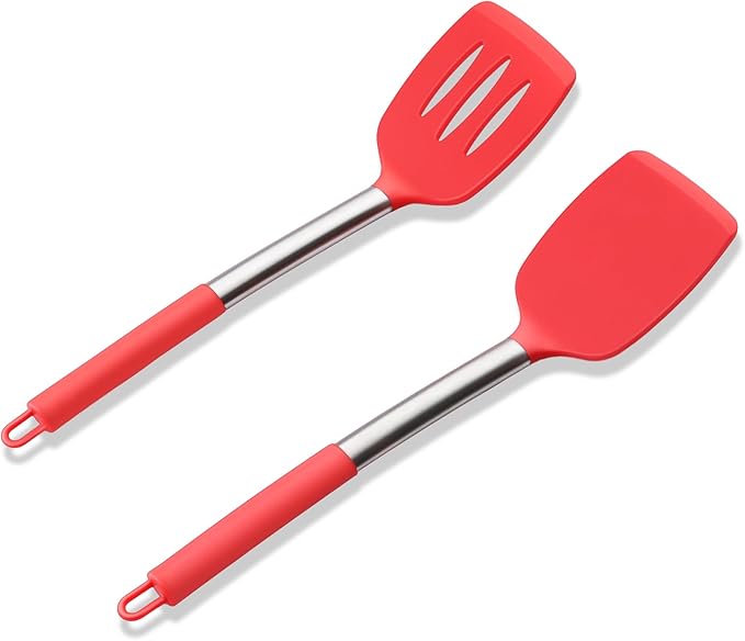 Silicone Spatula Set of 2, E-far Solid & Slotted Turner