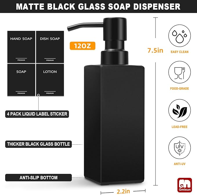GMISUN Black Soap Dispenser, Hand Soap Dispenser Bathroom, 12oz Glass Soap