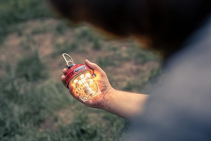 Barebones Beacon Hanging Light ??Red, Rechargeable LED Camping Lantern with Adjustable Brightness ??Weatherproof Vintage-Style Hanging Lantern for Outdoor Adventures and Year-Round Use
