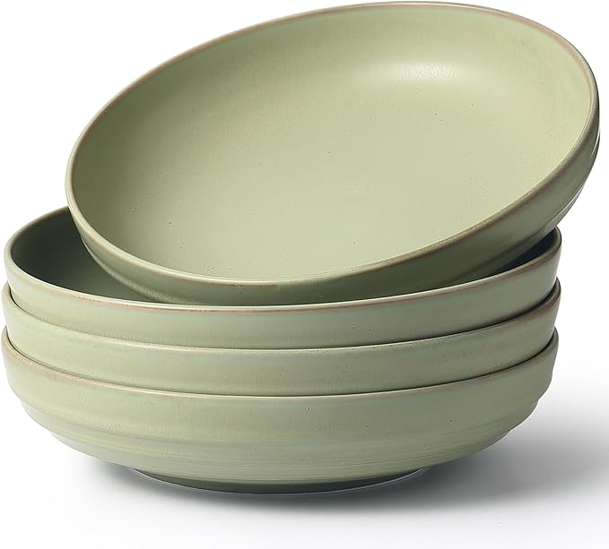 HAPPY KIT 9'' Large Pasta Bowls, 42 Oz Salad Bowl Set of 4, Stoneware Reactive Glaze Serving Bowls for Dessert, Soup, Fruit, Noodle, Scratch Resistant, Meadow Green