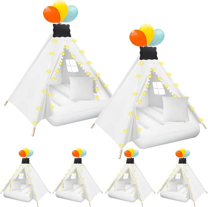 6 Pcs Kids Teepee Tent Bulk with Light String Inflatable Airbed Bedding Fitted Sheet and Markeable Small Blackboards for Boys Girls Indoor Outdoor Slumber Party (White)
