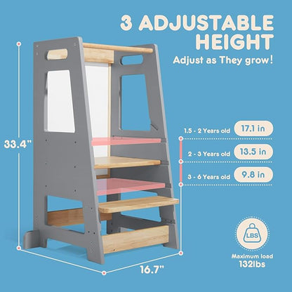Toddler Kitchen Stools Helper with Adjustable Height and Anti-Slip Protection, Kids Standing Tower with Safety Rail, Kids Montessori Stool with Learning Chalkboard, Gray