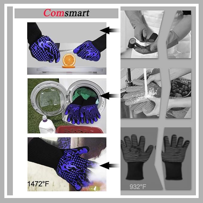Comsmart BBQ Gloves, 1472F Heat Resistant Silicone Non-Slip Oven Mitts