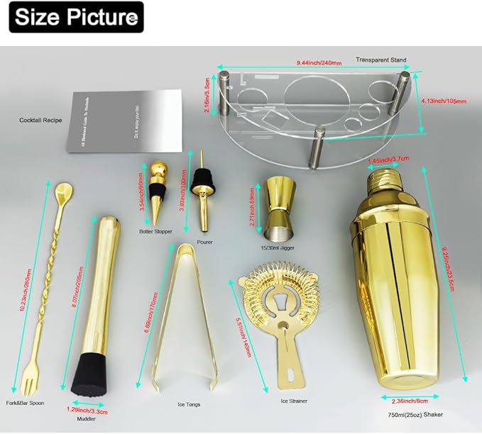 Cocktail Shaker Set with Stand, Cocktail Shaker Bartender Kit: Bar Tool Set, Drink Mixing Includes Martini Shaker,Strainer,Jigger,Bar Mixer Spoon,Muddler, Pourer, Bottle Stopper (Gold)