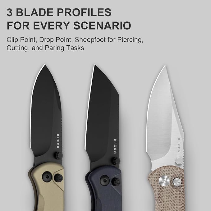 Kizer Drop Bear 2 Pocket Knife, 2.92" Nitro-V Drop Point Blade Folding Knife with Tan Aluminum Handle, Button Liner Lock EDC Knives with Jimping on Spine for Men Women V3619.2CD1