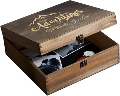 Personalized Wooden Keepsake Box Custom Engraved Adventure Memory Box for Couples Travel Souvenirs Photos Letters - Storage Memento Boxes for Wedding Gifts Newlyweds Anniversary Valentine's Day Gift