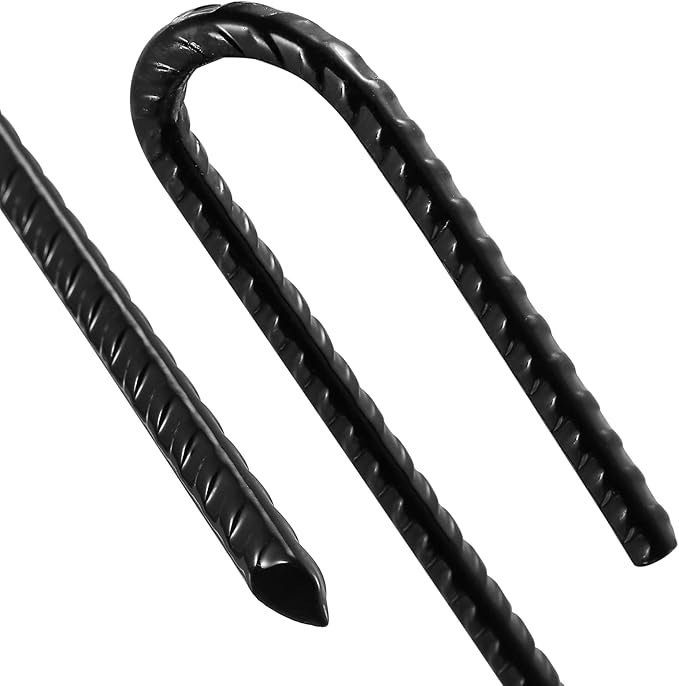Rebar Stakes U/J Hook Extra Heavy Duty,(50pcs) 12 inch x 1/4 inch Rust Proof Coated Steel Ground Stakes Ground Anchors, Garden Stake Metal Stakes Tent Stakes Trampoline Anchors (J-Hook)