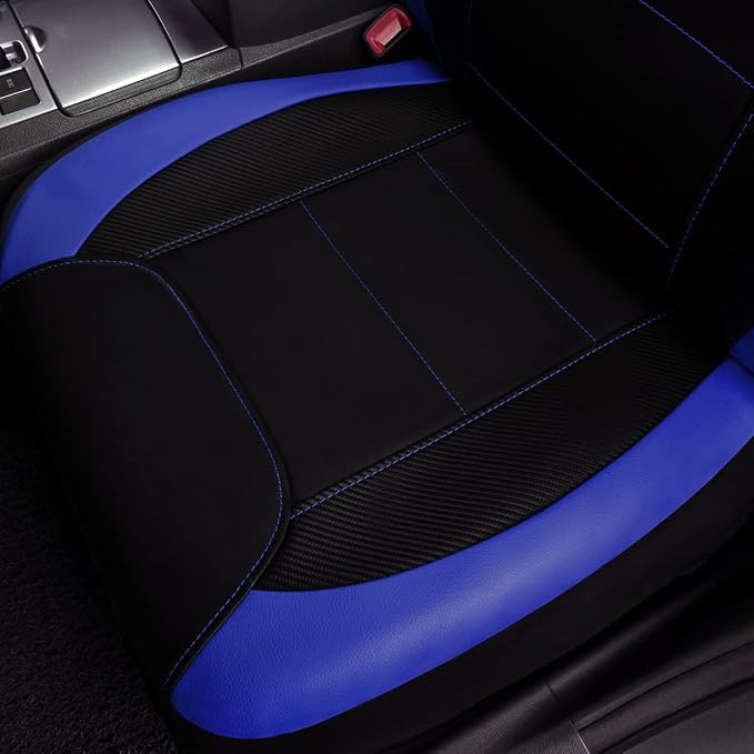 Flying Banner car seat Covers Protects Water Proof Faux Leather Carbon Fiber Front and Rear Bench (Blue Black, Full Set - 9PCS)