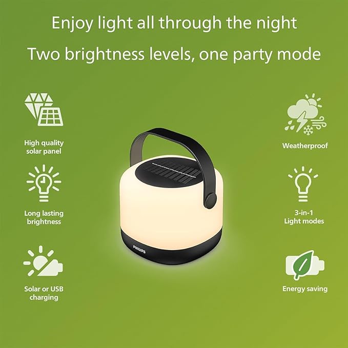 PHILIPS LED Solar Portable Light, 3-in-1 Light Setting 1-Pack Bright White (3000K), Color Changing Solar Light with 80/20 Lumen, Waterproof and Rechargeable