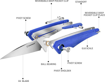 Qingluan Folding Knife with Pocket Clip, D2 Steel Blade 3.54'' and G10 Handle Outdoor Adventure knife EDC Camping Knife (Blue)