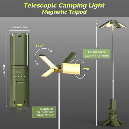 Telescopic Camping Lights Rechargeable 14000 mAh Led Multifunction Magnetic Lanterns Job Site Lighting Cordless Dimmable Camping Tent Lamp Portable Power Supply 6000LM IPX5 Waterproof (Green)
