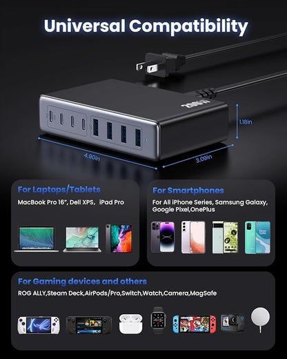 200W USB C Charger Block, GaN IV Charging Station 8 Ports, QC4.0 Fast Charging