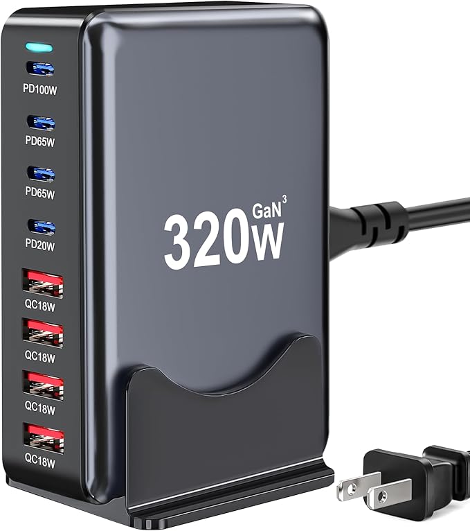 320W USB C Charger Block, 8-Port Fast USB Charging Station Hub PD 100W GaN Ⅲ