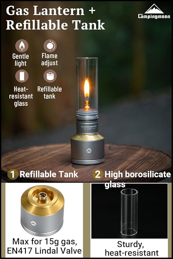 CAMPINGMOON Camping Gas Lantern Gas Candle with Empty Tank Wooden Lantern Case T-1D15