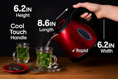 Moss & Stone 1.2L Stainless Steel Small Electric Kettle Red Color, Cordless
