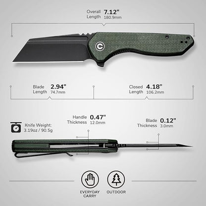 CIVIVI Pocket Knife for Men, ExOne Folding Knife with Flipper, 2.94" Nitro-V Reverse Tanto Blade Micarta Handle for Perfect EDC Gift C23036-3