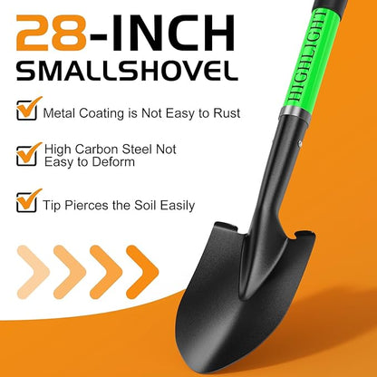 HIGHLIGHT Kids Shovel, Small Shovels for Digging, Overall Length 28 Inches, Mini D Handle, Gardening Shovel, Metal Beach Shovel, Camping, Snow, Fiberglass Handle, Green