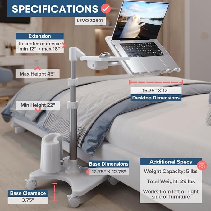 LEVO G2 Deluxe Adjustable Laptop Stand – Rolling Computer Desk & Ergonomic Table