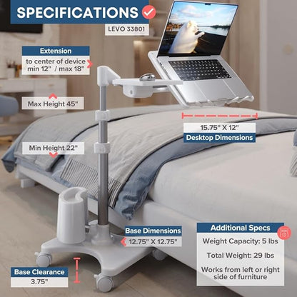LEVO G2 Deluxe Adjustable Laptop Stand – Rolling Computer Desk & Ergonomic Table