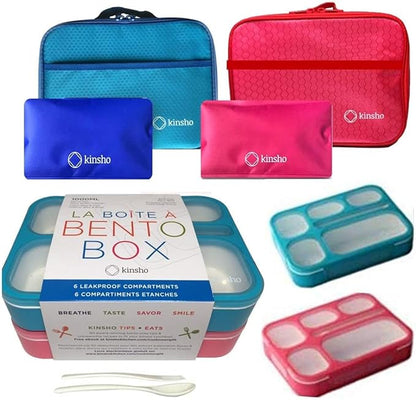 Bento Lunch Boxes with Bag and Ice Packs | Bento-Box Insulated Bag Ice Cold Pack Set of Two for Kids Adults | Value Container Set for School Kid Lunches, 6 Compartments BPA Free, Blue & Pink