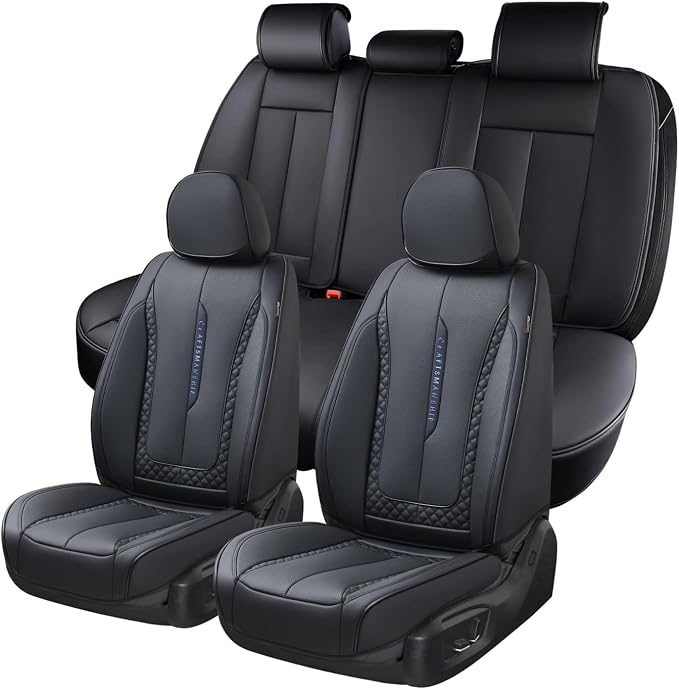 Coverado Car Seat Cover Full Set, Black Seat Covers Front Seats Back Seat Covers, Nappa Leather Waterproof, Car Seat Cushion, Car Seat Protector Universal Fit Most Cars