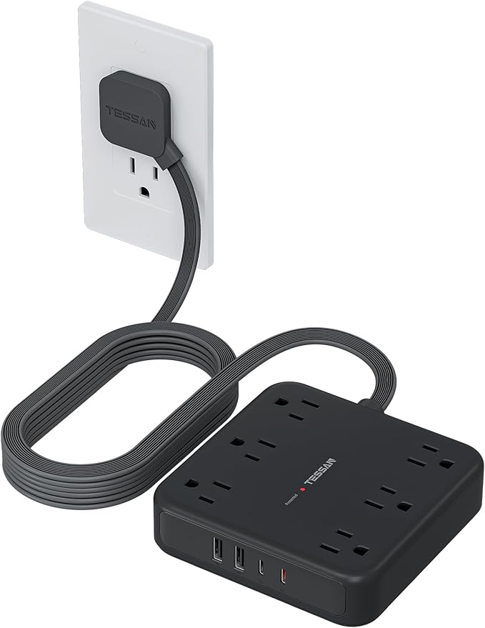 TESSAN Flat Plug Extension Cord 15 Ft, 2100J Surge Protector Power Strip