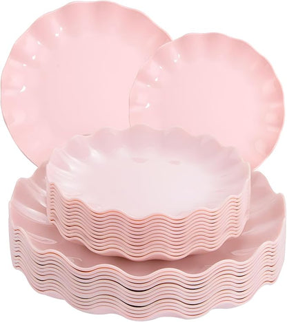 LIYH 24 Pcs Pink Plates Reusable, Pink Plastic Scalloped Plate Durable and Dishwasher Safe,Baby Shower Plate, Light Weight Daisy Plastic Wavy Plates for Wedding Party Birthday