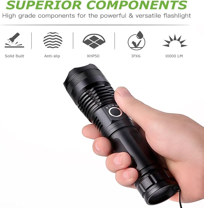 LED Flashlights, 10000 Lumen Super Bright Tactical Flashlight, Rechargeable Flash Light, 5 Modes Zoomable Waterproof Flash Lights for Emergency, Camping, Hiking, Outdoor, Home