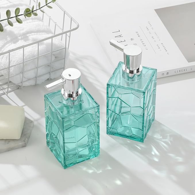 2 Pack Clear Teal Blue Rust Proof Soap Dispenser, Acrylic Plastic Hand Soap