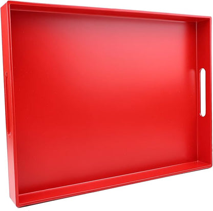 Red Serving Tray for Coffee Table, Rectangular Plastic Decorative Tray with Handles for Entertaining, Outdoor Patio, Living Room, Ottoman, Bathroom Counter, 11.8”*15.7”*1.6”