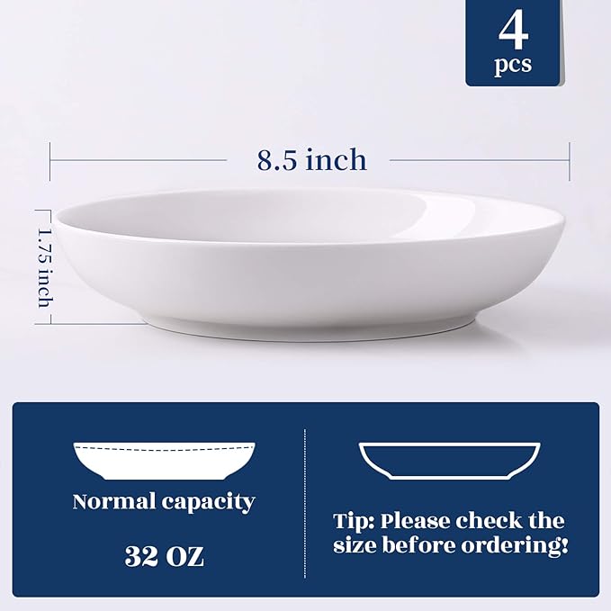Y YHY Pasta Bowls 32oz, Ceramic Large Salad Serving Bowls, White Pasta Bowls Set, Shallow Soup Bowl Set of 4, Microwave & Dishwasher Safe