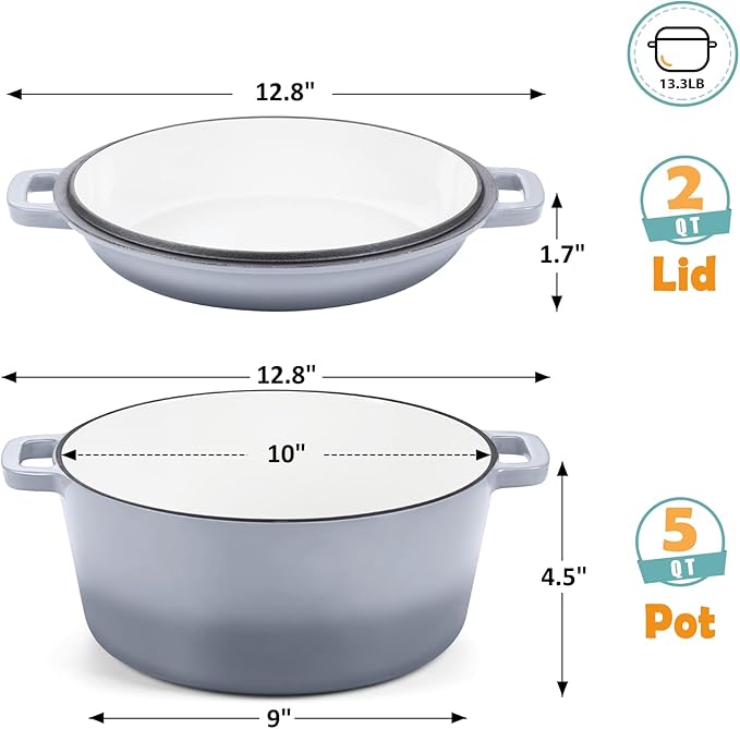 TeamFar 5 Quart Enameled Cast Iron Dutch Oven, 2-In-1 Dutch Oven Pot Cookware
