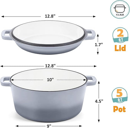 TeamFar 5 Quart Enameled Cast Iron Dutch Oven, 2-In-1 Dutch Oven Pot Cookware