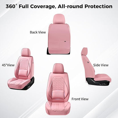 Huidasource Pink Car Seat Covers Full Set, Car Seat Covers Front and Rear Seat, Full Coverage Waterproof Leather Car Seat Cushion Cover Protector Universal Fit for Most Cars SUV Trucks