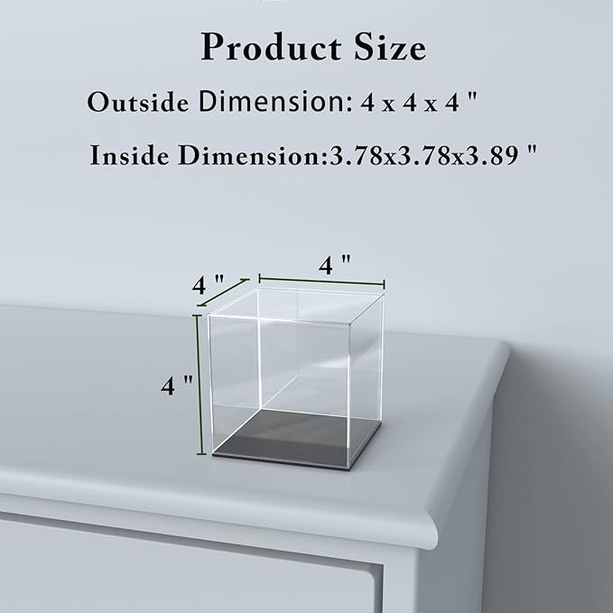 Acrylic Display Case, 4x4x4 Inch Cube Box With Matte Black Base, Clear Single-Piece Case for Softball Collectibles Figurines Mini Figures