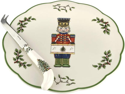 Spode Christmas Tree Nutcracker Cheese Platter with Knife - 9" Porcelain Holiday Serving Tray for Charcuterie - Dishwasher & Microwave Safe - Classic Christmas Tableware for Serving Festive Dishes