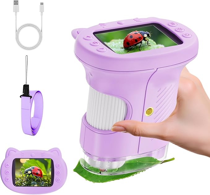 2.4" Screen Pocket Kids Microscope: 1000X Handheld Microscope for Photo and Video - Portable Science Kits STEM Toys – Christmas/Birthday Gifts for Girls & Boys Ages 3-12(Purple)