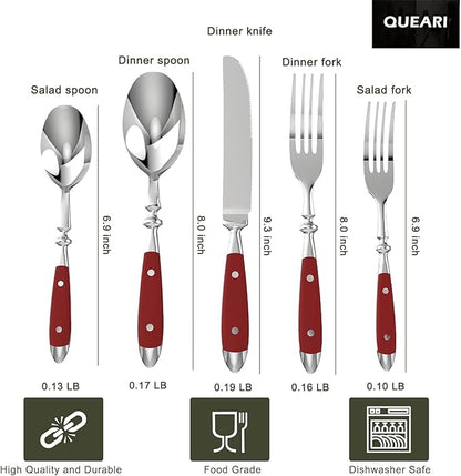 Retro 20-Piece Silverware Set, 304 Riveted Stainless Steel Flatware Set, Vintage Cutlerywith Red Bakelite Handle, Dishwasher Safe| Service for 4