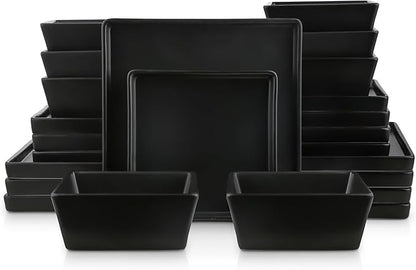 Stone Lain 24 Pieces Stoneware Square Dinnerware Set, Black Matte