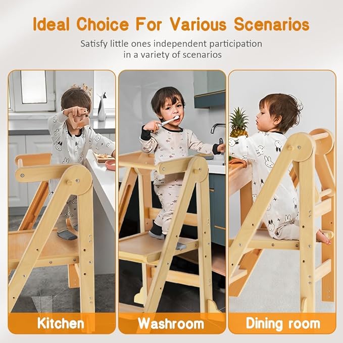 Toddler Tower, Foldable Step Stool for Toddlers, Toddler Kitchen Stool Helper with 3 Adjustable Height Safty Rail and Anti-Tip Structure, Learning Tower for Toddlers Baby Kids