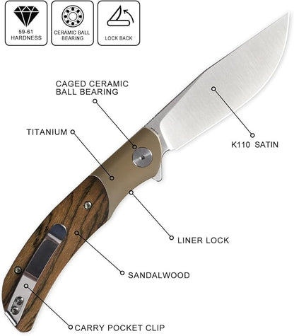 Petrified fish PFP09 Hourglass Folding Knife,3.54" K110 Steel Satin Blade, 3.88oz Titanium and Sandalwood Handle Pocket knife for Camping Outdoor EDC (Sandalwood Satin)