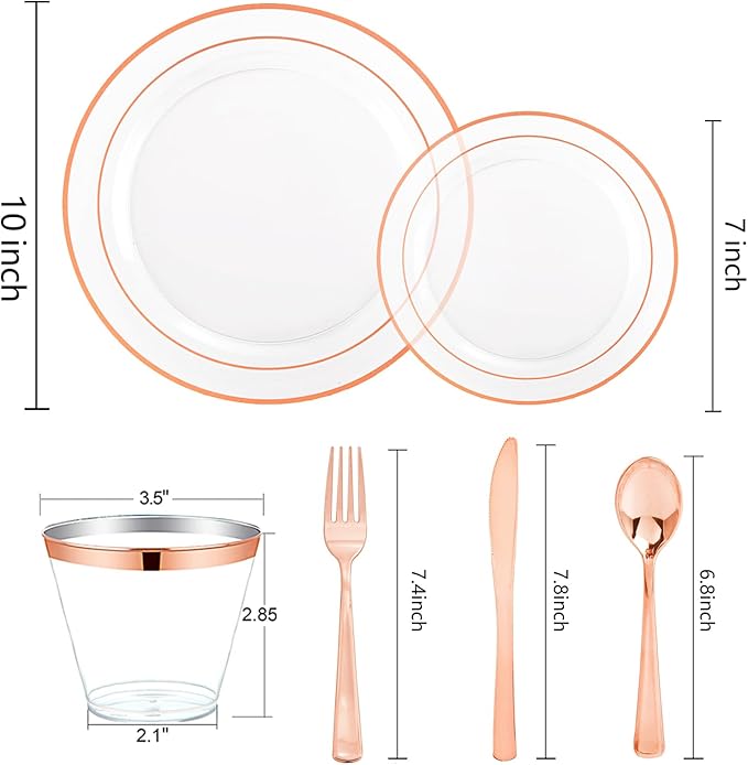 bUCLA 150PCS Clear Rose Gold Disposable Dinnerware set - Rose Gold Plastic Plates Include 25 Dinner / 25 Dessert Plates, 25 Knives, 25 Forks, 25 Spoons, 25 Cups for Party, Wedding & Mother's Day