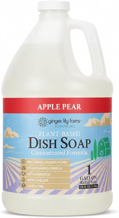 Ginger Lily Farms Botanicals Plant-Based Liquid Dish Soap, Concentrated Formula with Max Grease Cleaning Power, Cruelty-Free, Apple Pear Scent, 1 Gallon Refill (128 Fl. Oz.)