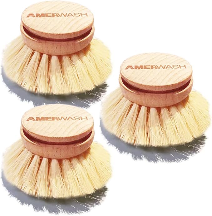 AMERWASH PLUS Classic Dish Brush Replacement Head 3 Packs, Natural Bristle